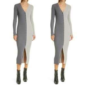 Staud Shoko Colorblock Sweater Dress Heather Grey/Charcoal Ribbed Knit V-neck XS